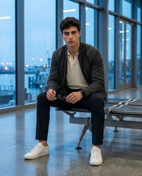 A refined editorial portrait of a poised man in modern glass-and-steel passenger terminal under cinematic lighting.