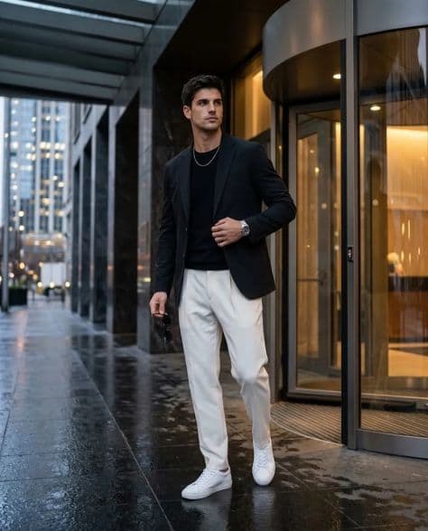 A refined editorial portrait of a poised man in entrance sophisticated contemporary hotel under cinematic lighting.