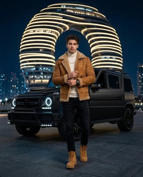 A refined editorial portrait of a poised man in open front door under cinematic lighting.