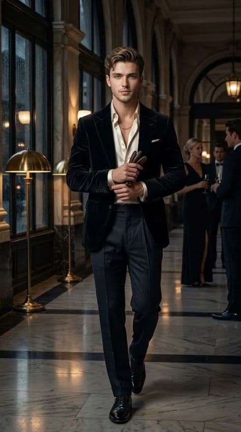 A refined editorial portrait of a poised man in neckline under cinematic lighting.