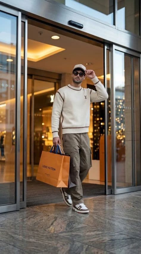 A refined editorial portrait of a poised man in end premium shopping run under cinematic lighting.