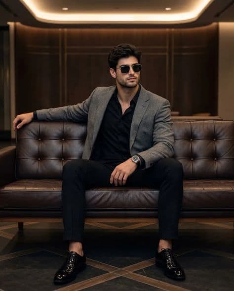 A refined editorial portrait of a poised man in luxurious executive lounge under cinematic lighting.