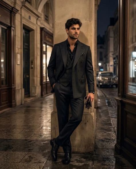 A refined editorial portrait of a poised man in trouser pocket; other hangs under cinematic lighting.