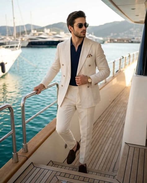 A refined editorial portrait of a poised man in premium yacht sunlit mediterranean under cinematic lighting.