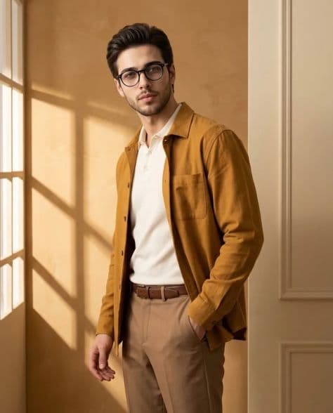 A refined editorial portrait of a poised man in trouser pocket while other under cinematic lighting.