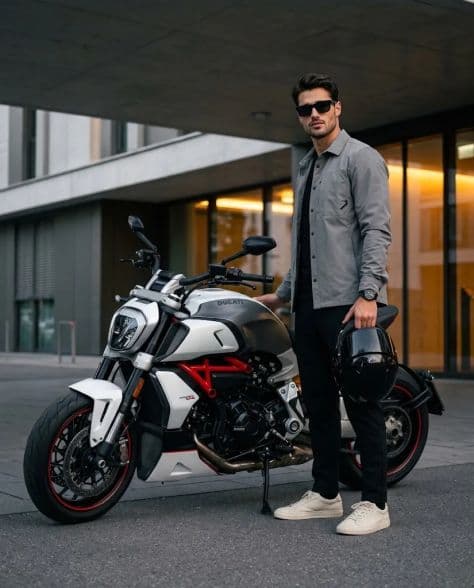 A refined editorial portrait of a poised man in customized ducati xdiavel v4-style under cinematic lighting.