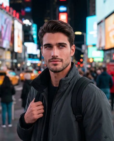 A refined editorial portrait of a poised man in brief pause edge times under cinematic lighting.