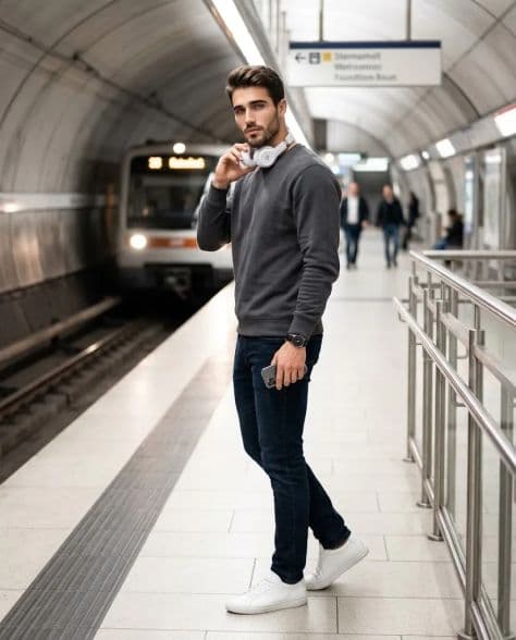 A refined editorial portrait of a poised man in sleek underground metro station under cinematic lighting.