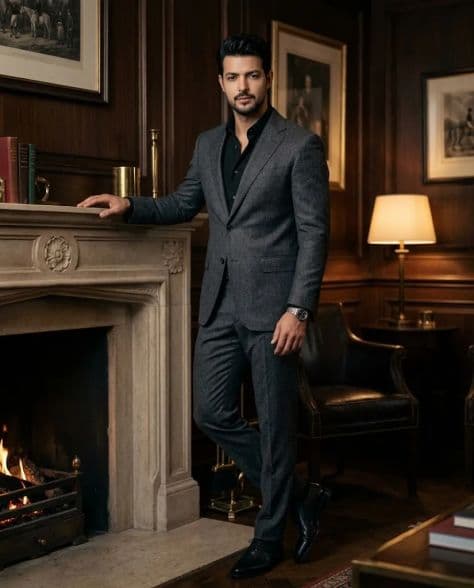 A refined editorial portrait of a poised man in refined dark-paneled drawing room under cinematic lighting.