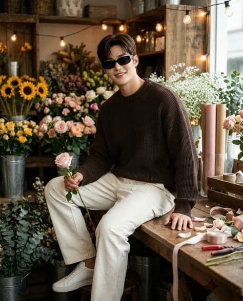 A refined editorial portrait of a poised man in intimate boutique flower shop under cinematic lighting.