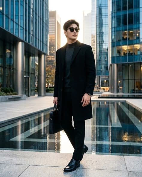 A refined editorial portrait of a poised man in cinematic studio setting under cinematic lighting.