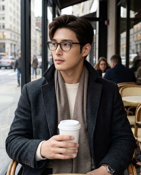 A refined editorial portrait of a poised man in elegant outdoor city café under cinematic lighting.