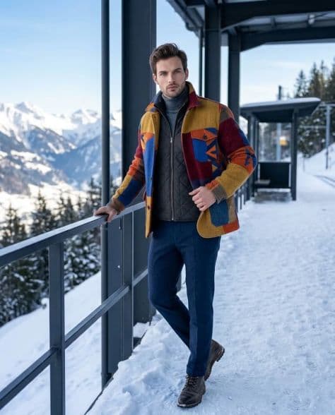 A refined editorial portrait of a poised man in elevated alpine railway platform under cinematic lighting.