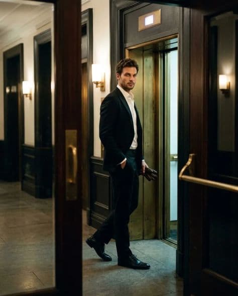 A refined editorial portrait of a poised man in quiet late-night departure rather under cinematic lighting.