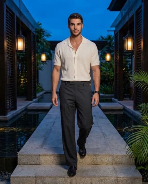 A refined editorial portrait of a poised man in premium resort tailoring under cinematic lighting.