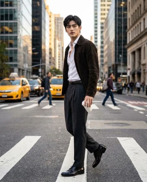 A fashionable person crossing a wide Manhattan downtown avenue surrounded by classic architecture.