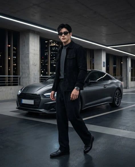 A sleek sports car parked on an open concrete rooftop parking deck overlooking distant city night lights.
