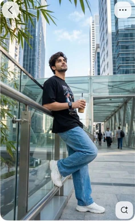 A streetwear model walking along an elevated glass and steel skybridge between corporate towers.