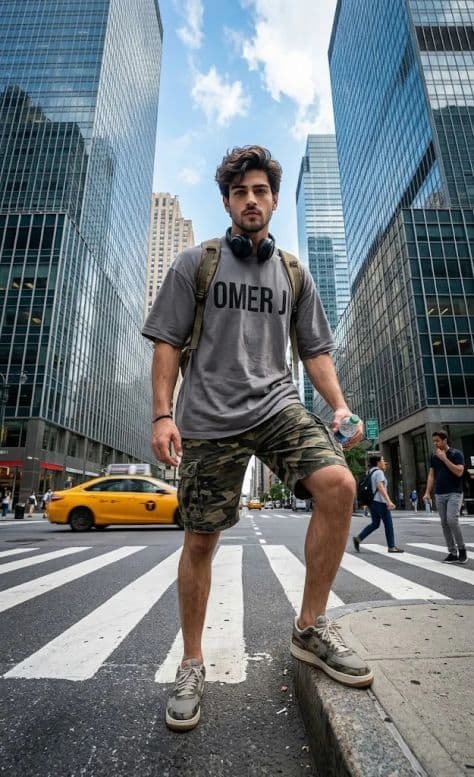 A sharply dressed person paused stationary on a crosswalk as city traffic and commuters rush past.