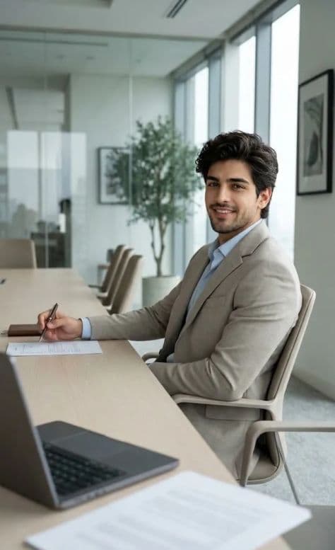 An executive seated thoughtfully beside a pale wood conference table in a sunlit modern boardroom.
