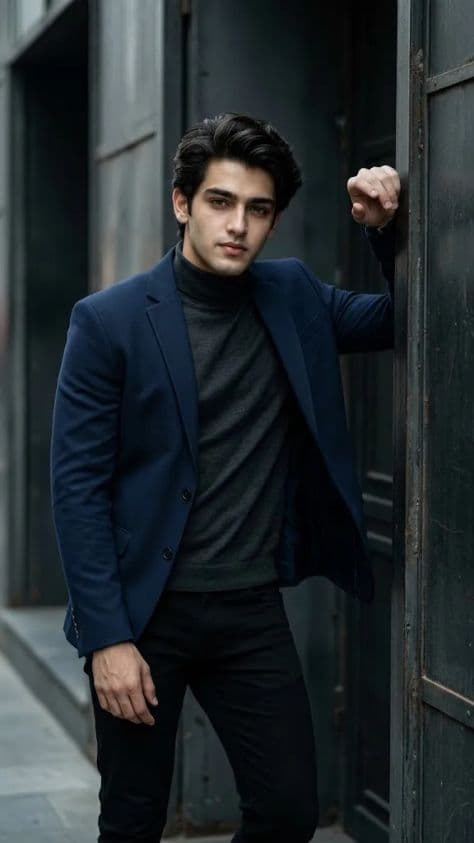 A confident man in a tailored jacket leaning casually against a dark textured metal warehouse frame.