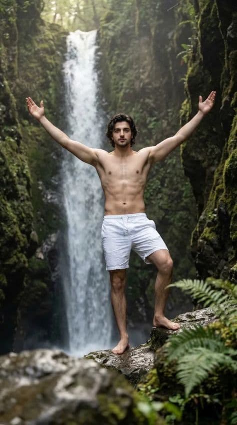 A traveler standing on wet rocks in front of a majestic twin waterfall cascading into a jungle lagoon.