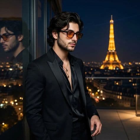 A person in an elegant dark overcoat on a Parisian rooftop overlooking the illuminated Eiffel Tower at night.