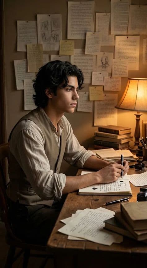 An author seated at a vintage wooden desk in a library surrounded by antique books and a brass lamp.