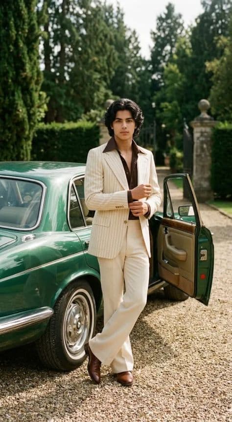 A stylish man dressed in a 1970s retro wide-lapel suit and tinted aviator glasses in a film-style setting.