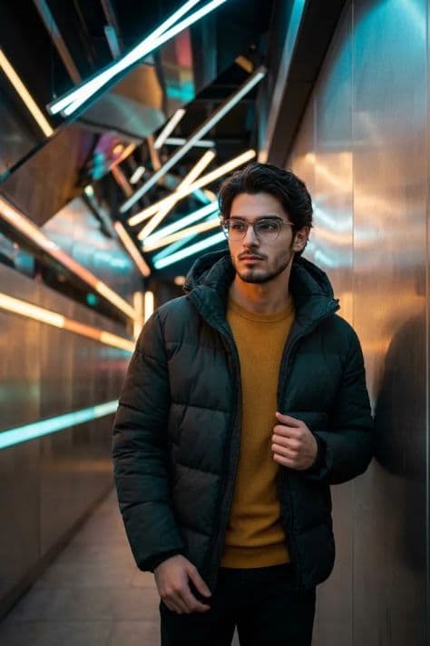 A stylish individual walking down a narrow Tokyo back alley decorated with glowing lanterns and neon signs.