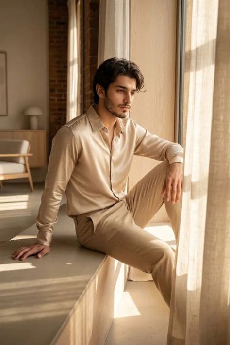 A man in casual smart attire standing beside giant steel-framed windows in a sun-drenched brick loft.