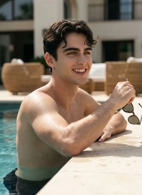 A stylish man lounging beside a sparkling turquoise pool at an upscale summer resort.