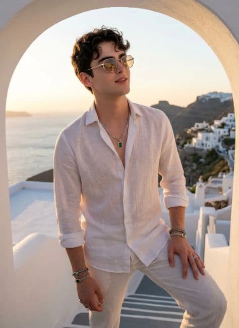 A man in breezy summer linens relaxing on a whitewashed Santorini terrace overlooking the sunset sea.