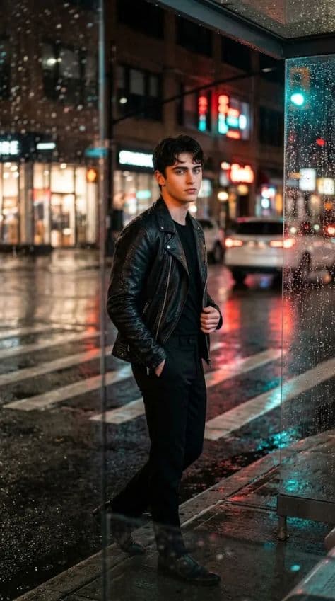 A person walking across a rain-soaked city crosswalk illuminated by vibrant neon sign reflections.
