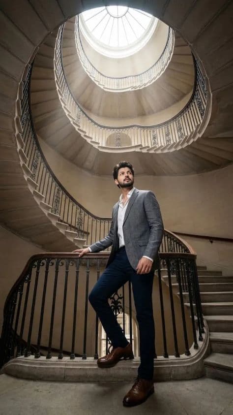 A model in formal evening wear descending an ornate marble spiral staircase inside a historic mansion.