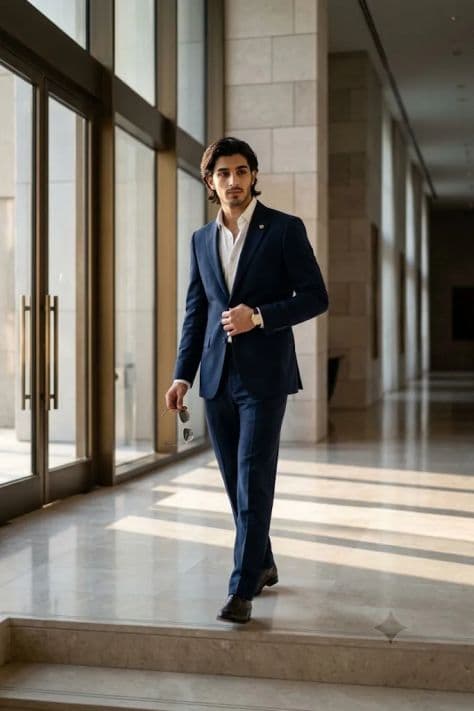 A gentleman in an immaculate three-piece suit standing in the grand marble atrium of a neoclassical museum.