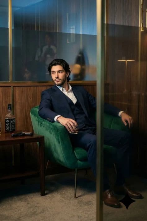 A person in a retro 70s polo shirt relaxing in a curved tufted leather booth inside a cozy vintage lounge.