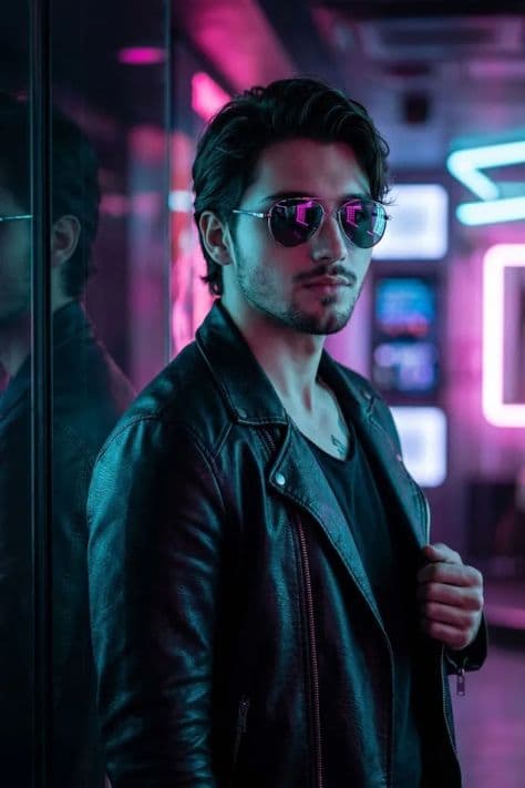 A futuristic character in iridescent high-collar gear illuminated by cyan and violet laboratory lights.