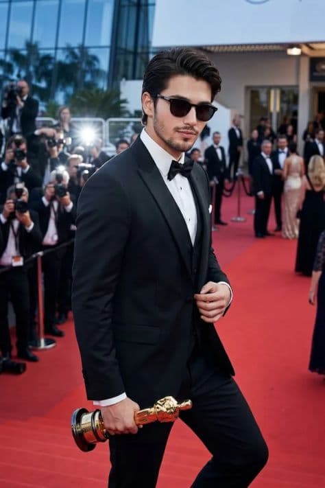 A distinguished figure in a tailored black-tie tuxedo walking the glamorous festival red carpet under flashbulbs.