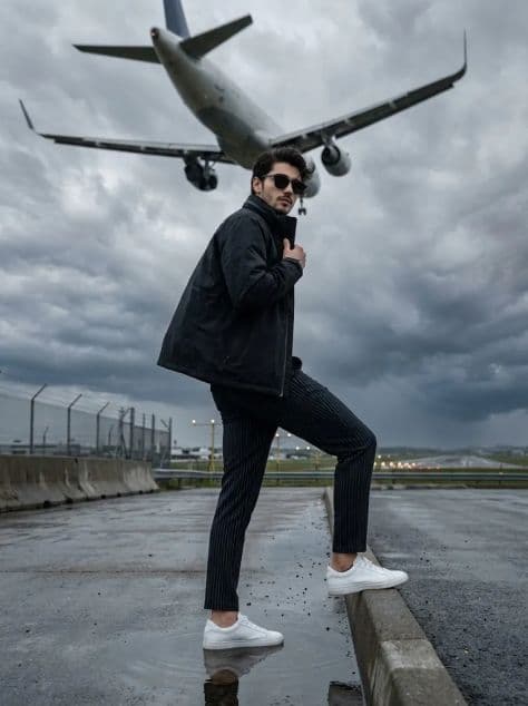 A traveler in sleek travel gear walking across a wet airport tarmac toward a parked private business jet.