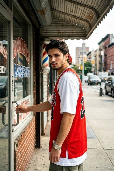 A street-style model in early 2000s baggy jeans and oversized leather jacket sitting on a New York brownstone stoop.