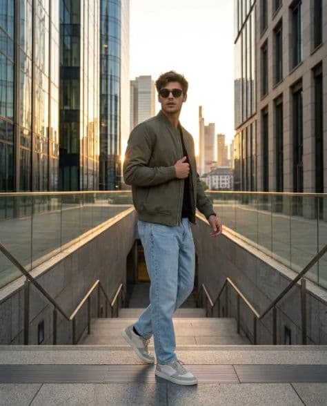 A business professional in a pinstripe suit walking purposefully through a sunlit financial plaza.