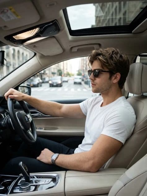 A stylish driver seated inside a modern BMW cabin with sunlight streaming through the side window.