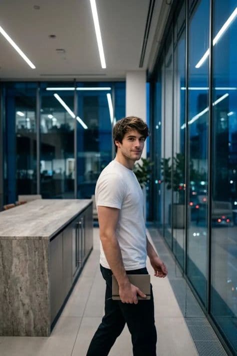 A business executive in a tailored charcoal suit standing inside a high-rise office as evening lights turn on.