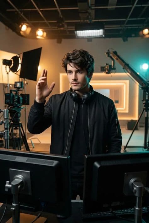 A movie director in casual clothing seated beside a camera monitor reviewing takes on a movie studio set.