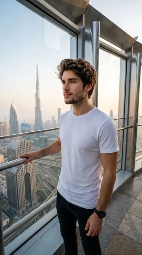 A person standing on an open glass observation terrace overlooking futuristic skyscrapers in Dubai.