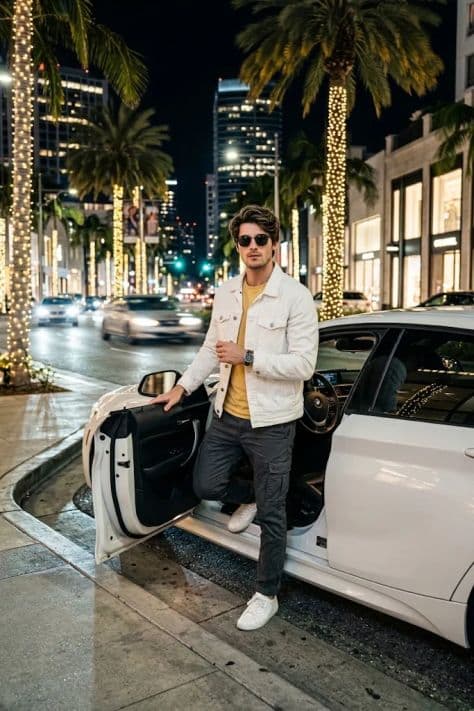 A stylish individual standing beside an alpine-white BMW sports coupe under nighttime streetlights.
