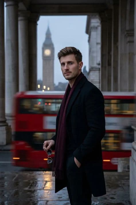 A man in a classic beige trench coat walking down an illuminated London street in the evening.