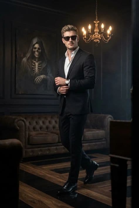 A sharply tailored gentleman studying a modern bronze sculpture in a dimly lit private art gallery.