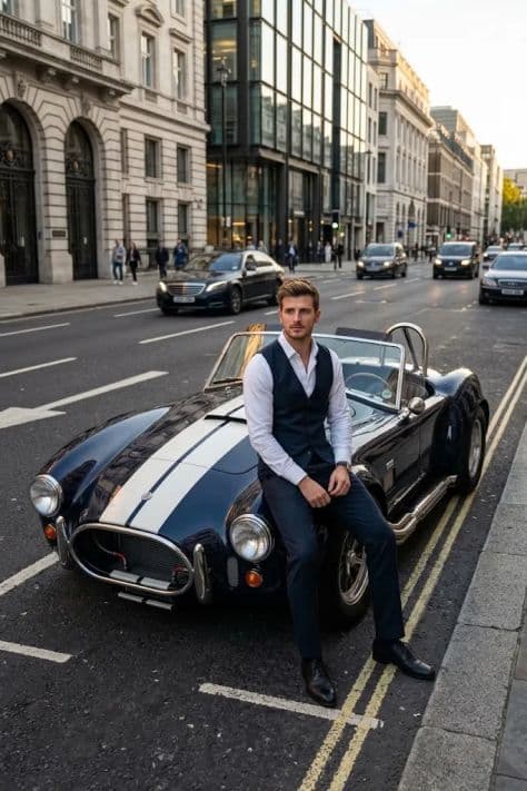 A man in a leather jacket leaning against the hood of a vintage blue Shelby Cobra sports car.